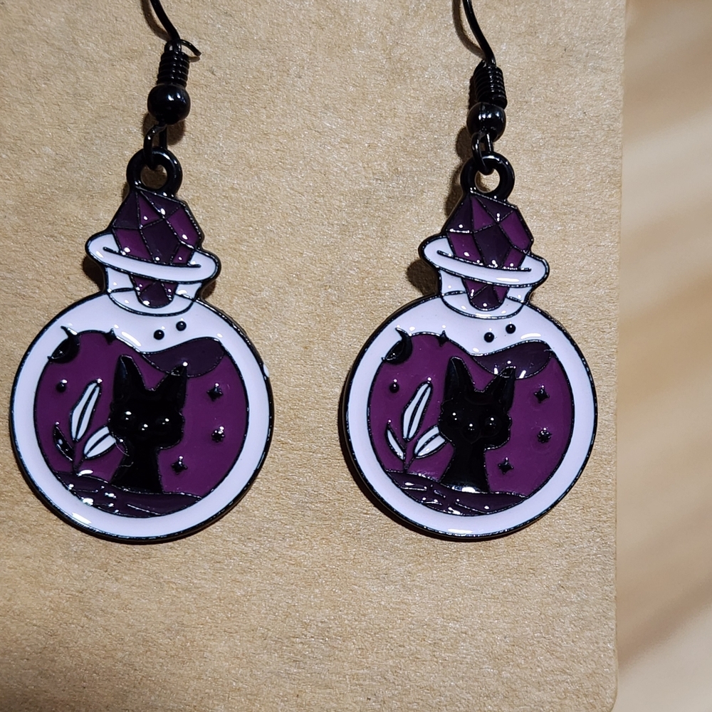 Handmade Purple and Pink Witchy Cat In A Potion & Ouija Board Eye Earrings Set - Picture 2 of 5